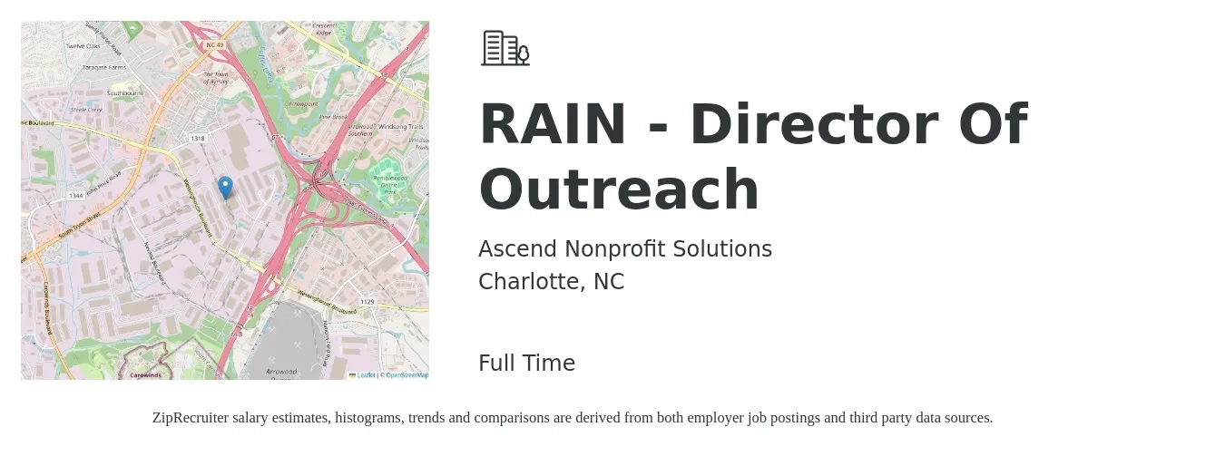 Ascend Nonprofit Solutions job posting for a RAIN - Director Of Outreach in Charlotte, NC with a salary of $65,000 to $96,700 Yearly with a map of Charlotte location.