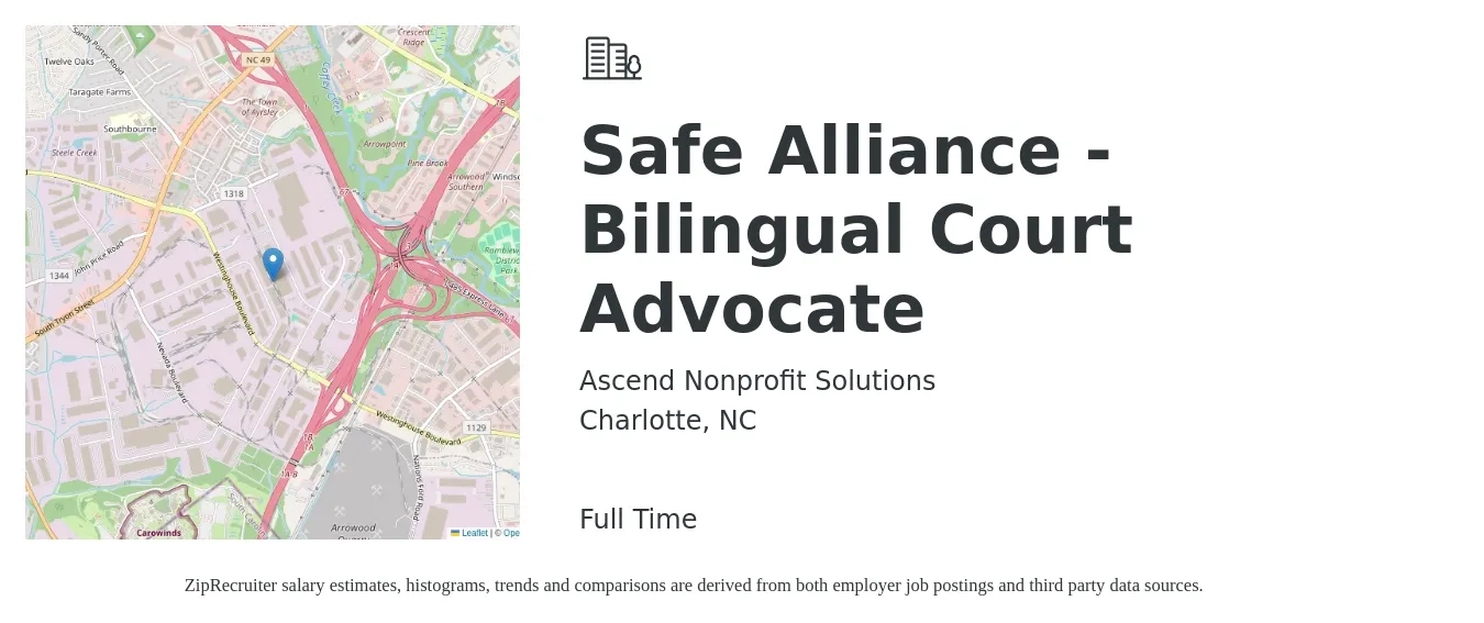 Ascend Nonprofit Solutions job posting for a Safe Alliance - Bilingual Court Advocate in Charlotte, NC with a salary of $17 to $23 Hourly with a map of Charlotte location.