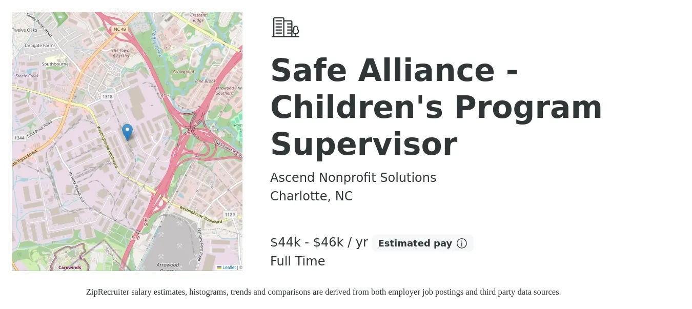 Ascend Nonprofit Solutions job posting for a Safe Alliance - Children's Program Supervisor in Charlotte, NC with a salary of $44,000 to $46,000 Yearly with a map of Charlotte location.