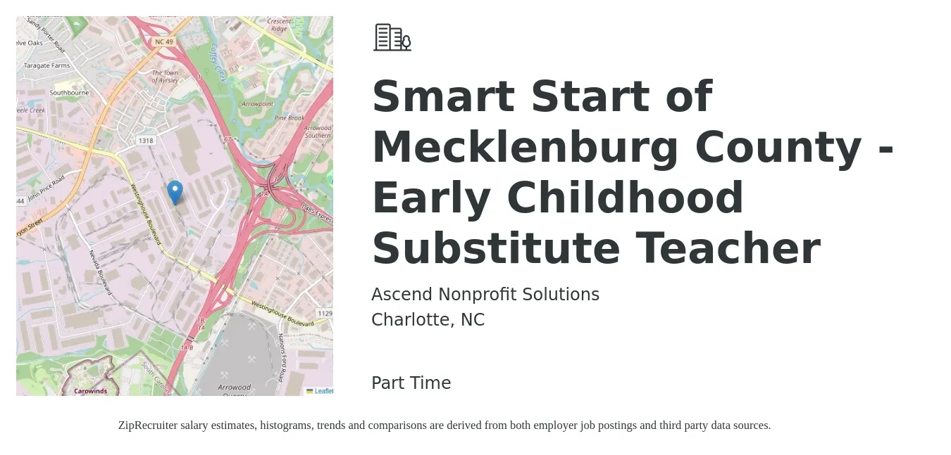 Ascend Nonprofit Solutions job posting for a Smart Start of Mecklenburg County - Early Childhood Substitute Teacher in Charlotte, NC with a salary of $121 to $195 Daily with a map of Charlotte location.
