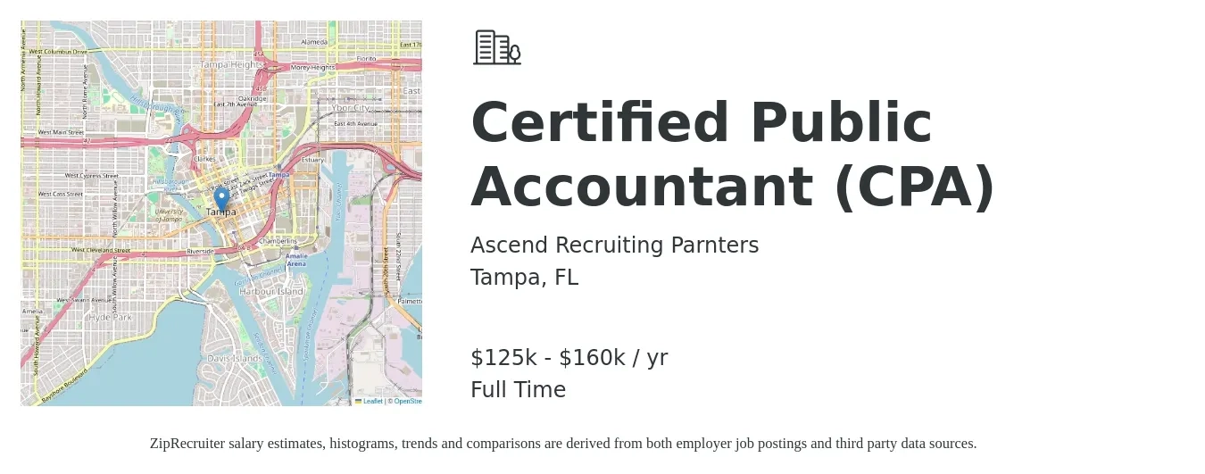 Ascend Recruiting Parnters job posting for a Certified Public Accountant (CPA) in Tampa, FL with a salary of $125,000 to $160,000 Yearly with a map of Tampa location.