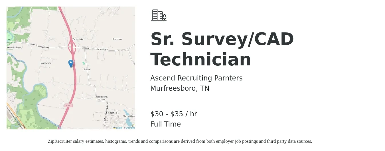 Ascend Recruiting Parnters job posting for a Sr. Survey/CAD Technician in Murfreesboro, TN with a salary of $32 to $37 Hourly with a map of Murfreesboro location.