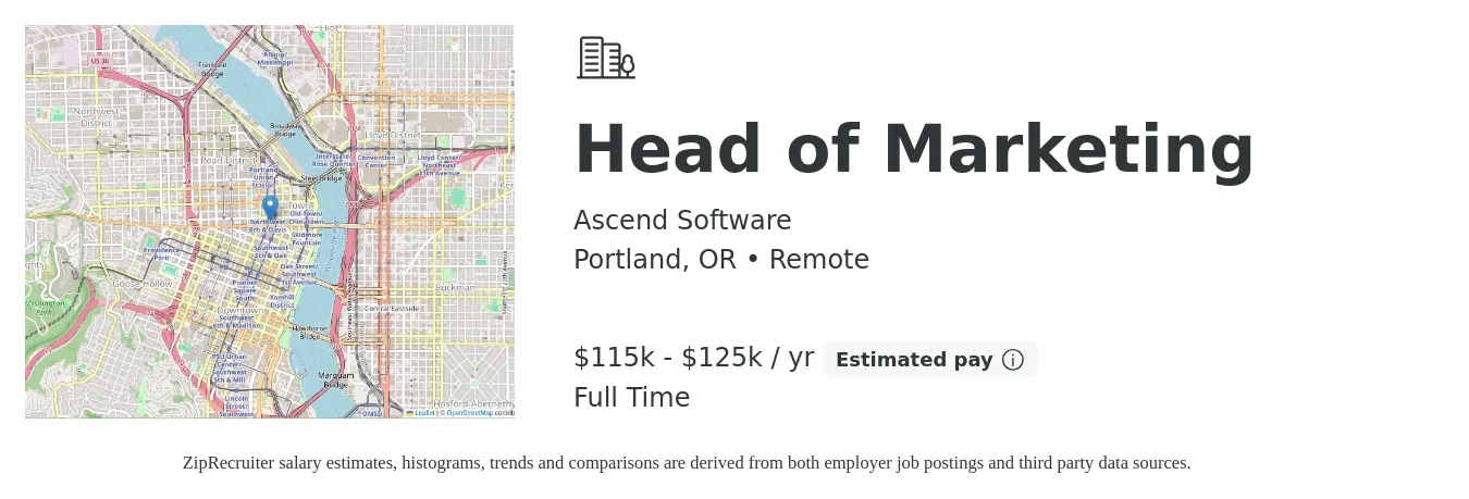 Ascend Software job posting for a Head of Marketing in Portland, OR with a salary of $115,000 to $125,000 Yearly with a map of Portland location.