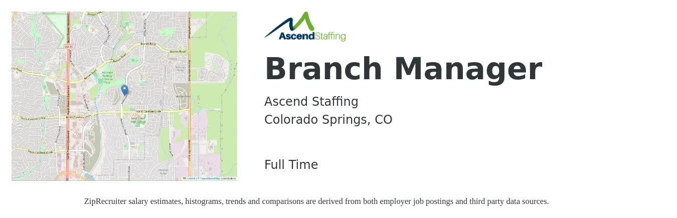 Ascend Staffing job posting for a Branch Manager in Colorado Springs, CO with a salary of $56,200 to $84,800 Yearly with a map of Colorado Springs location.