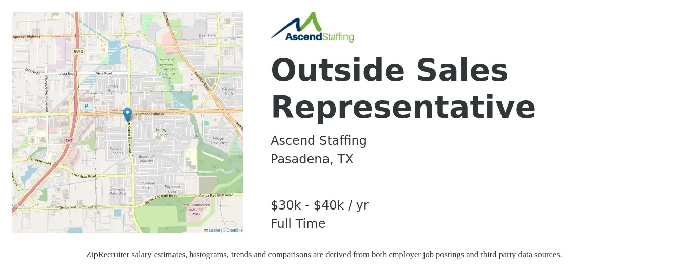 Ascend Staffing job posting for a Outside Sales Representative in Pasadena, TX with a salary of $30,000 to $40,000 Yearly with a map of Pasadena location.