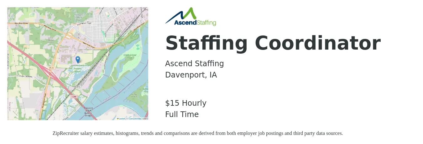 Ascend Staffing job posting for a Staffing Coordinator in Davenport, IA with a salary of $16 Hourly with a map of Davenport location.