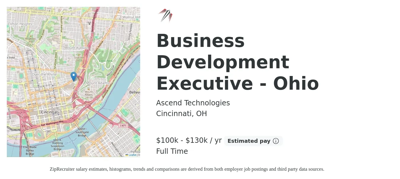 Ascend Technologies job posting for a Business Development Executive - Ohio in Cincinnati, OH with a salary of $100,000 to $130,000 Yearly with a map of Cincinnati location.