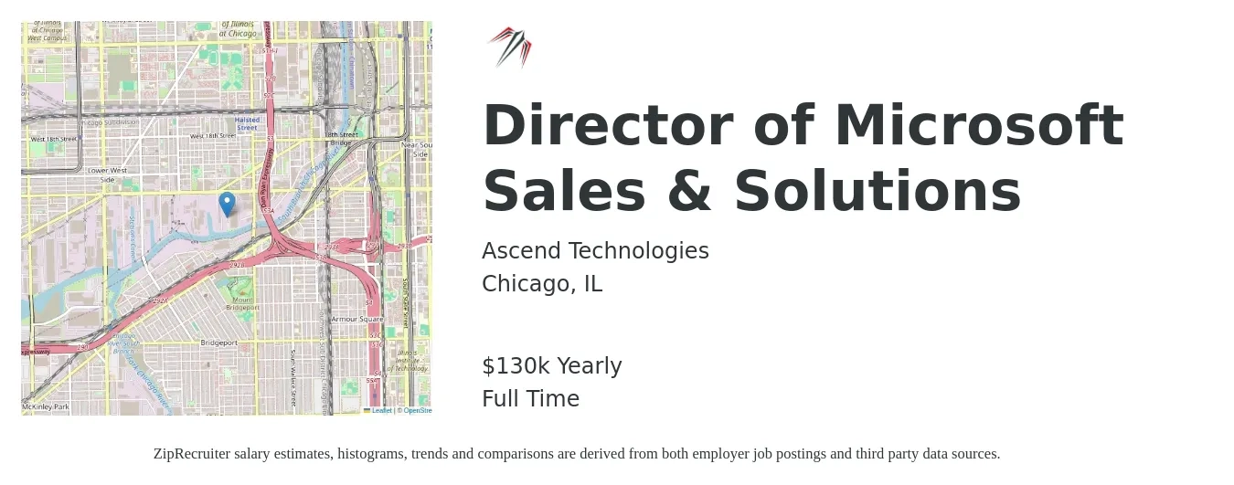 Ascend Technologies job posting for a Director of Microsoft Sales & Solutions in Chicago, IL with a salary of $130,000 Yearly with a map of Chicago location.