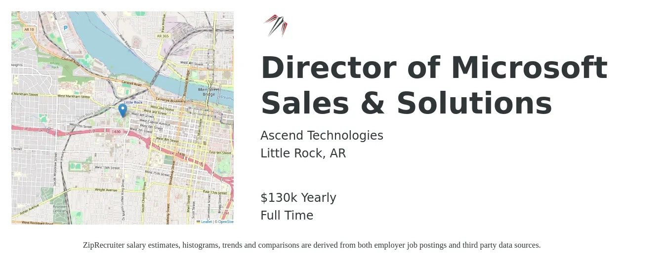 Ascend Technologies job posting for a Director of Microsoft Sales & Solutions in Little Rock, AR with a salary of $130,000 Yearly with a map of Little Rock location.