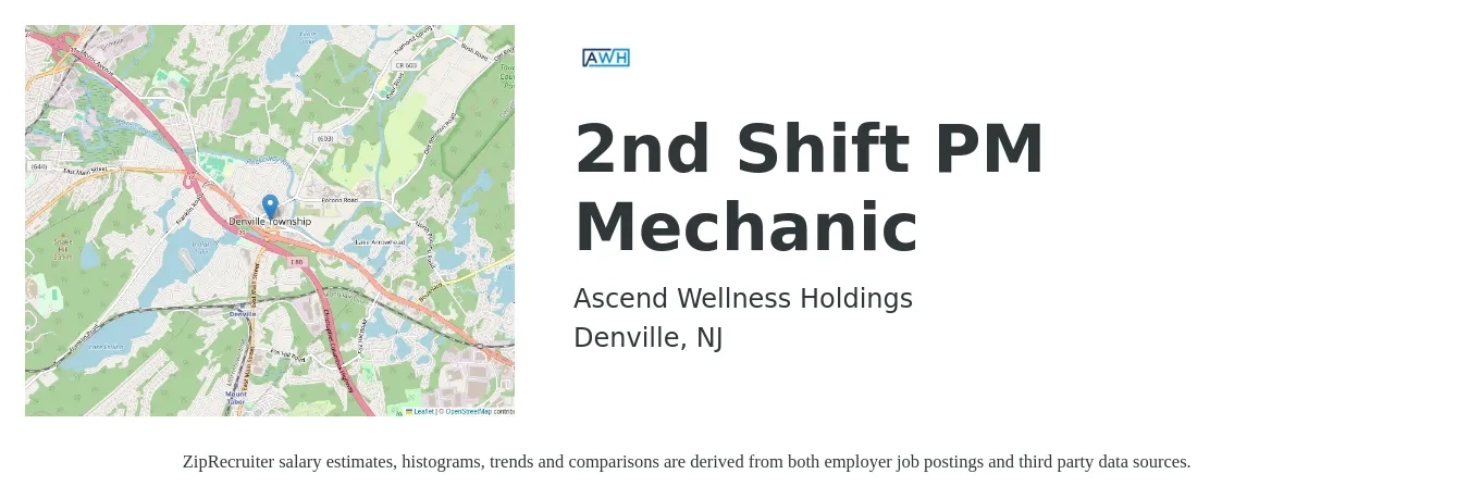 Ascend Wellness Holdings job posting for a 2nd Shift PM Mechanic in Denville, NJ with a salary of $24 to $31 Hourly with a map of Denville location.