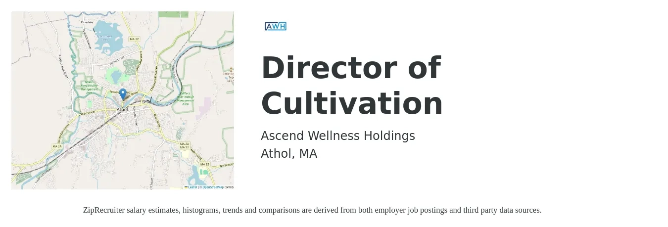 Ascend Wellness Holdings job posting for a Director of Cultivation in Athol, MA with a salary of $101,900 to $265,900 Yearly with a map of Athol location.