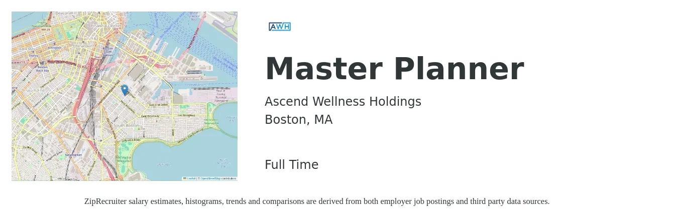 Ascend Wellness Holdings job posting for a Master Planner in Boston, MA with a salary of $80,000 to $85,000 Yearly with a map of Boston location.