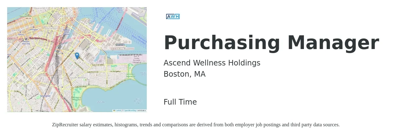 Ascend Wellness Holdings job posting for a Purchasing Manager in Boston, MA with a salary of $70,000 to $80,000 Yearly with a map of Boston location.