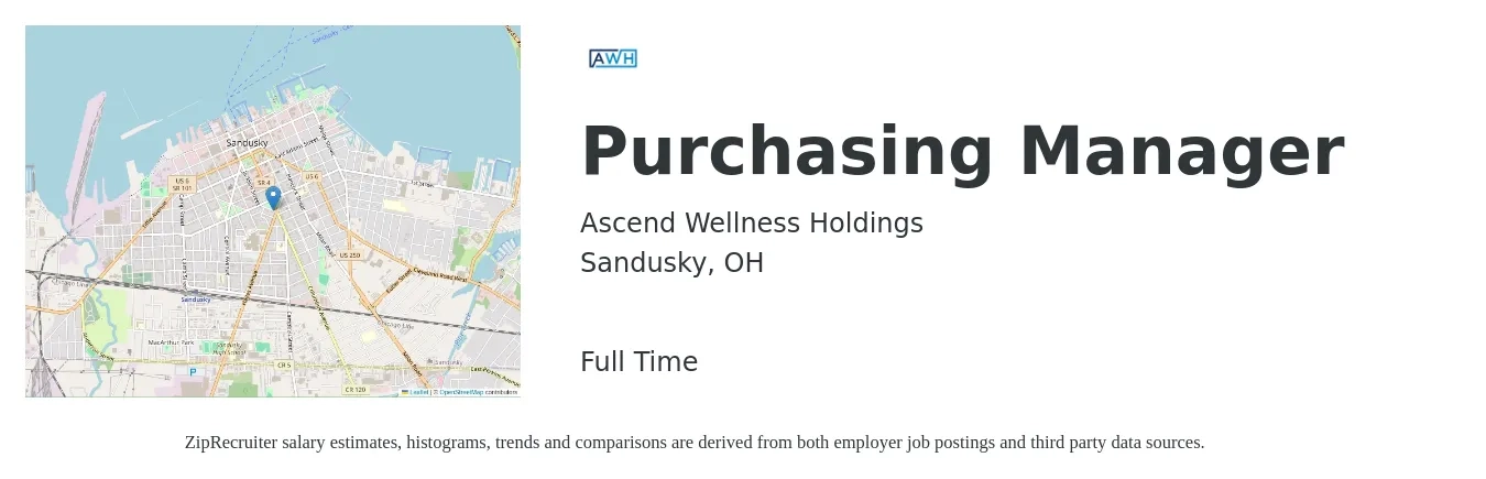 Ascend Wellness Holdings job posting for a Purchasing Manager in Sandusky, OH with a salary of $70,000 to $80,000 Yearly with a map of Sandusky location.