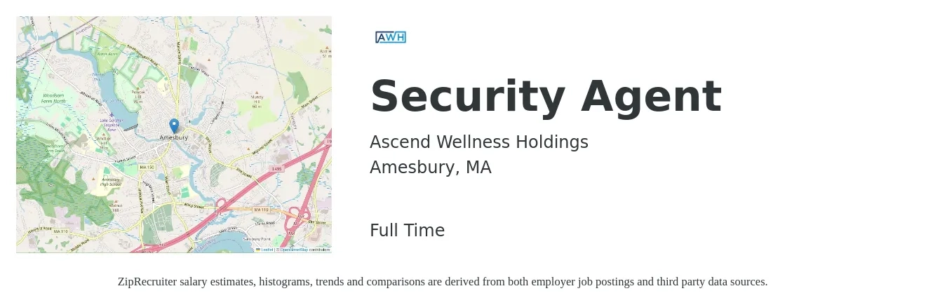 Ascend Wellness Holdings job posting for a Security Agent in Amesbury, MA with a salary of $19 to $24 Hourly with a map of Amesbury location.