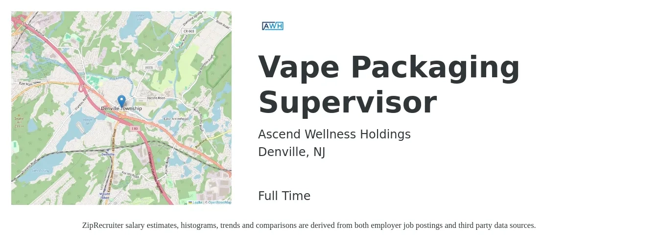 Ascend Wellness Holdings job posting for a Vape Packaging Supervisor in Denville, NJ with a salary of $47,400 to $69,900 Yearly with a map of Denville location.