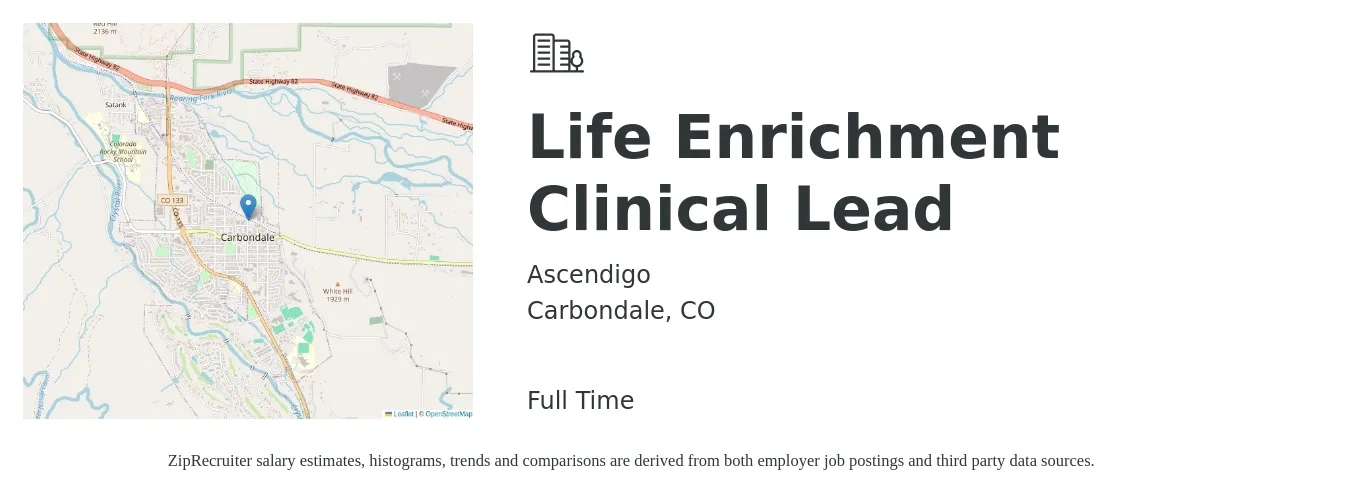 Ascendigo job posting for a Life Enrichment Clinical Lead in Carbondale, CO with a salary of $55,000 to $65,000 Yearly with a map of Carbondale location.