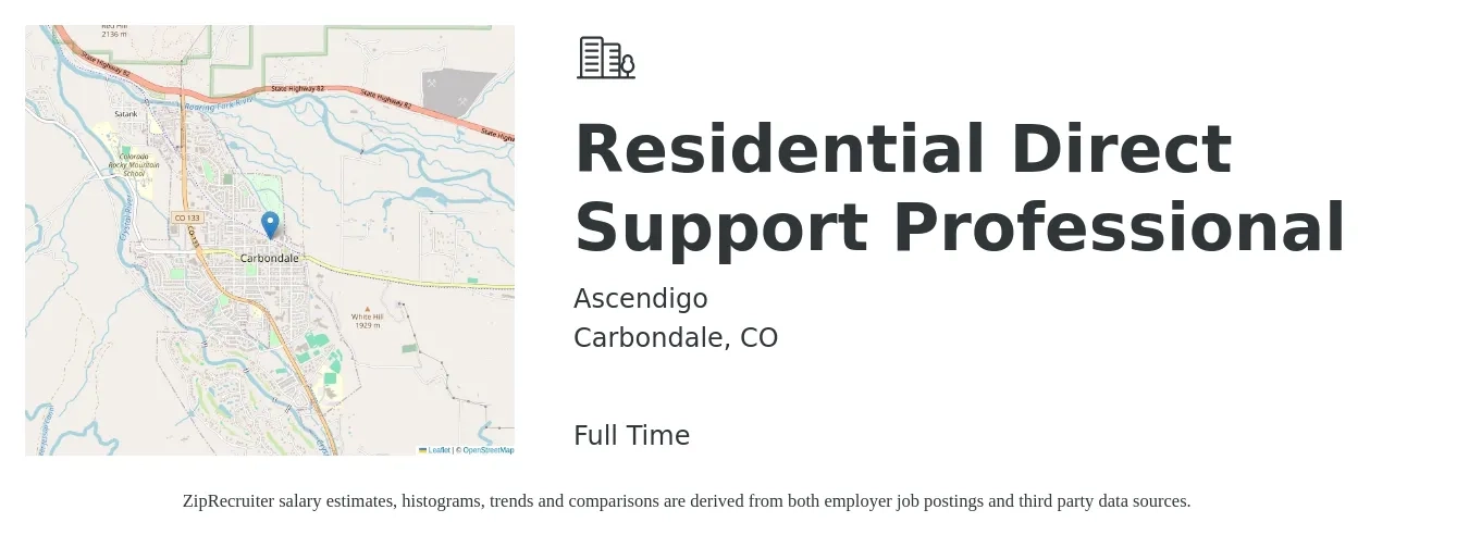 Ascendigo job posting for a Residential Direct Support Professional in Carbondale, CO with a salary of $20 to $26 Hourly with a map of Carbondale location.