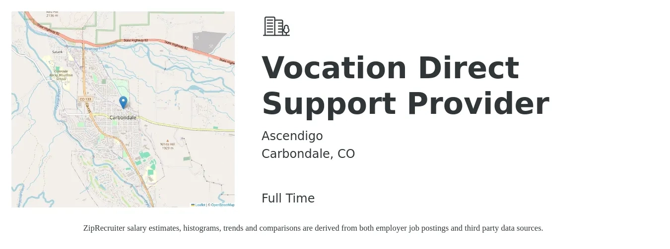 Ascendigo job posting for a Vocation Direct Support Provider in Carbondale, CO with a salary of $20 to $26 Hourly with a map of Carbondale location.