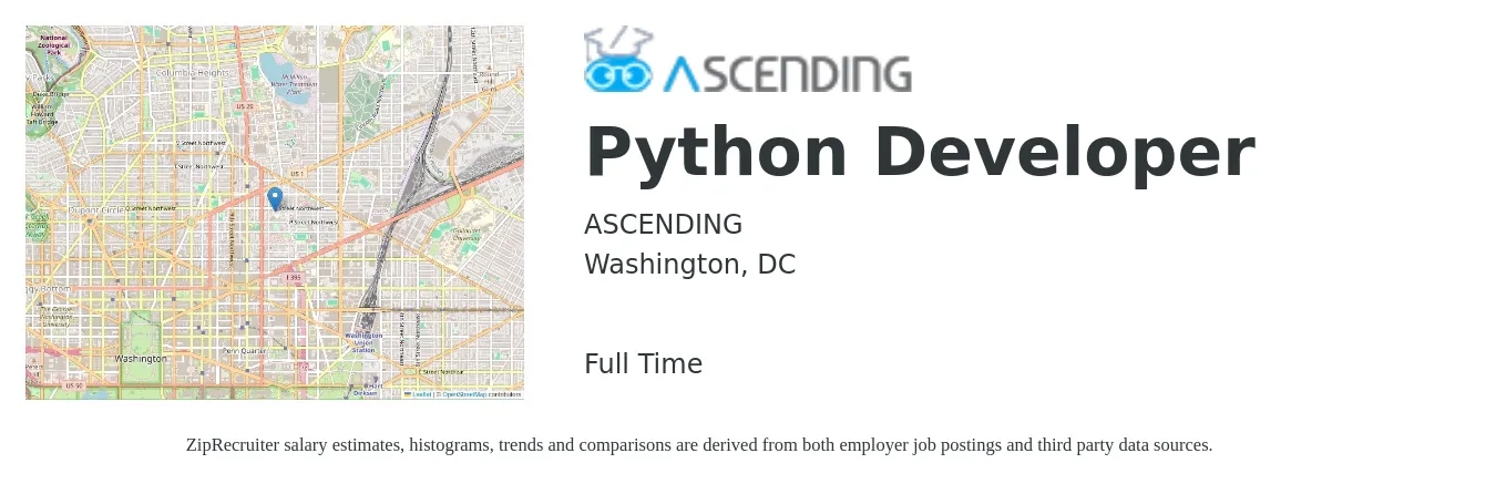 ASCENDING job posting for a Python Developer in Washington, DC with a salary of $57 to $78 Hourly with a map of Washington location.