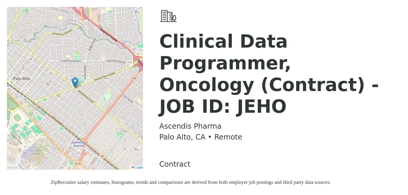 Ascendis Pharma job posting for a Clinical Data Programmer, Oncology (Contract) - JOB ID: JEHO in Palo Alto, CA with a salary of $60 to $75 Hourly with a map of Palo Alto location.