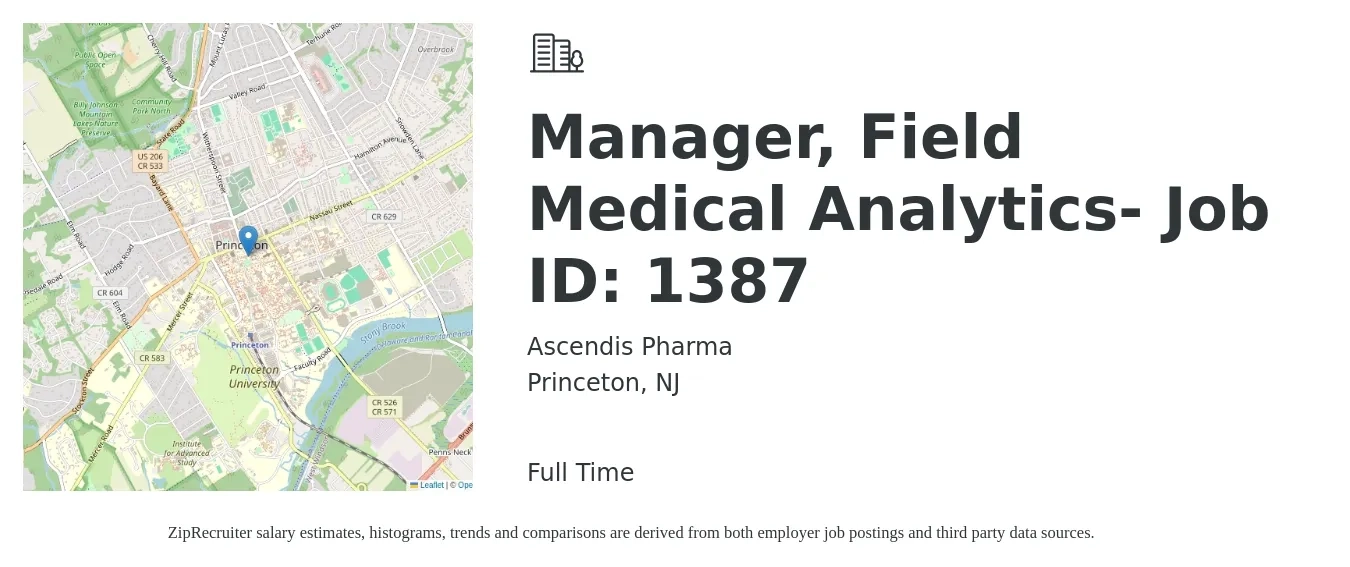 Ascendis Pharma job posting for a Manager, Field Medical Analytics- Job ID: 1387 in Princeton, NJ with a salary of $54,000 to $90,200 Yearly with a map of Princeton location.
