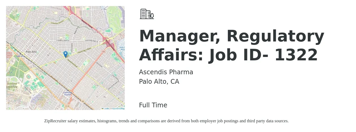 Ascendis Pharma job posting for a Manager, Regulatory Affairs: Job ID- 1322 in Palo Alto, CA with a salary of $150,000 Yearly with a map of Palo Alto location.