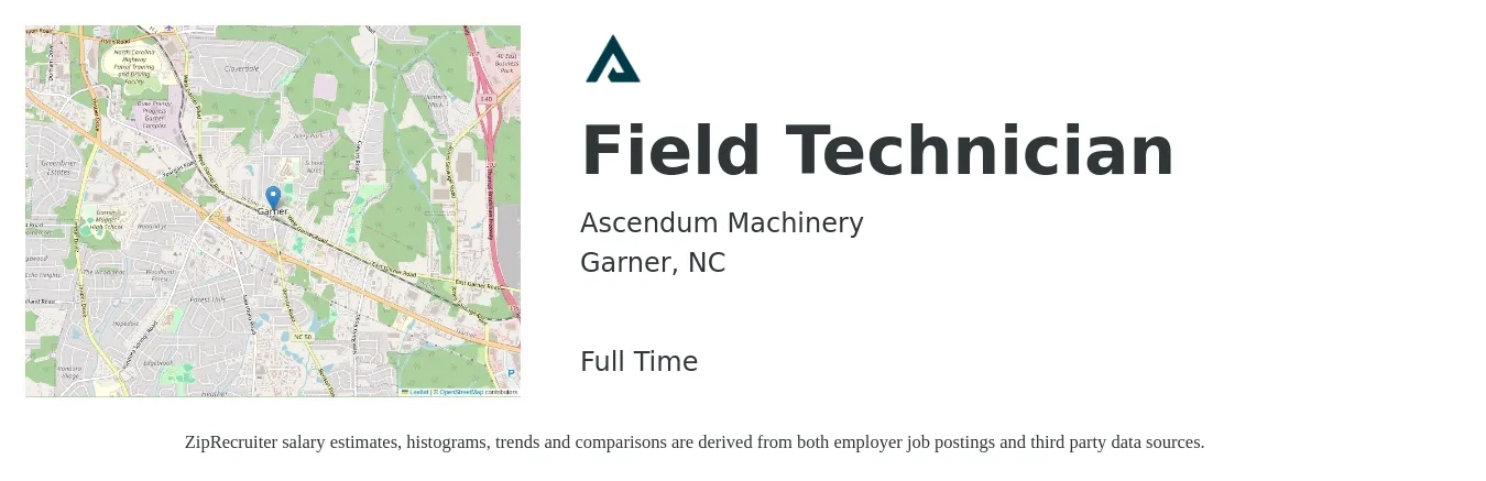 Ascendum Machinery job posting for a Field Technician in Garner, NC with a salary of $18 to $24 Hourly with a map of Garner location.