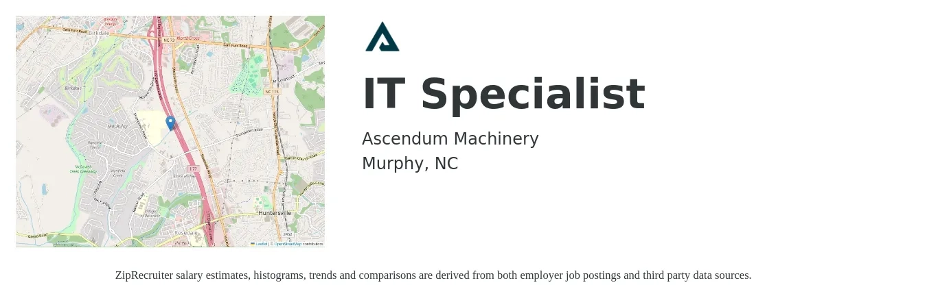 Ascendum Machinery job posting for a IT Specialist in Murphy, NC with a salary of $43,700 to $104,800 Yearly with a map of Murphy location.