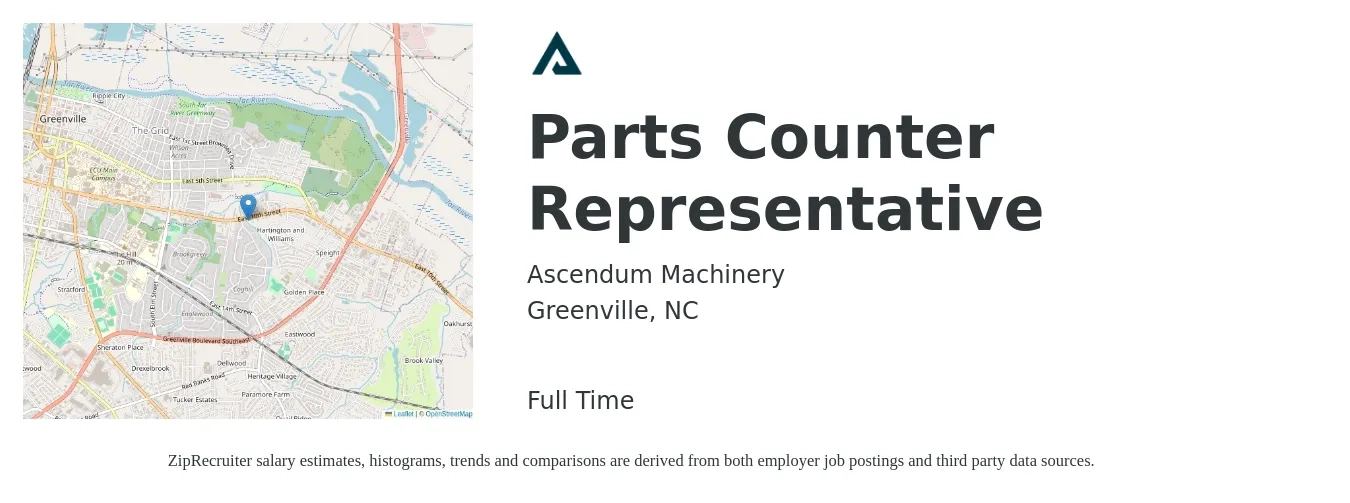 Ascendum Machinery job posting for a Parts Counter Representative in Greenville, NC with a salary of $18 to $22 Hourly with a map of Greenville location.