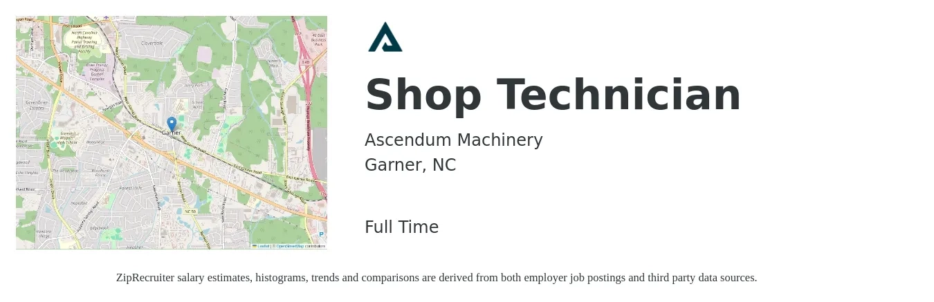 Ascendum Machinery job posting for a Shop Technician in Garner, NC with a salary of $16 to $22 Hourly with a map of Garner location.