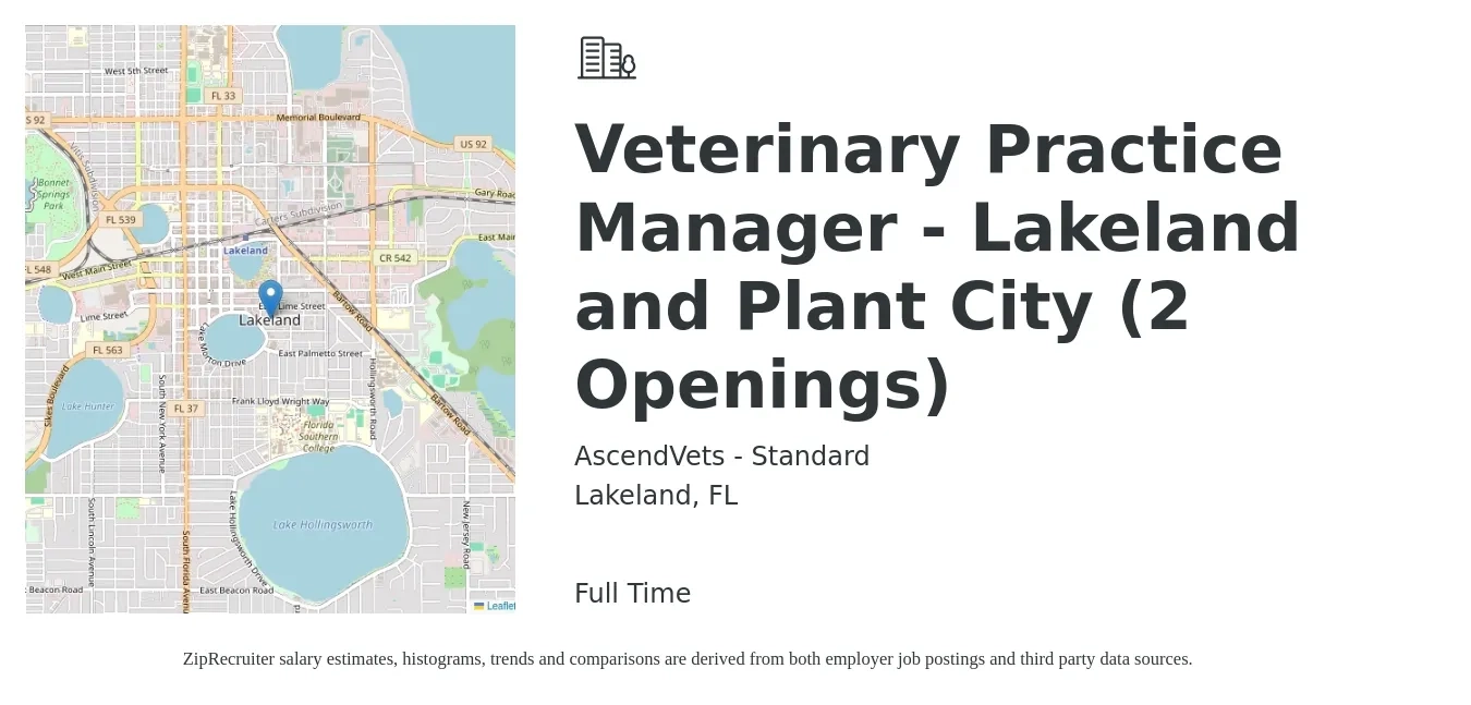 AscendVets - Standard job posting for a Veterinary Practice Manager - Lakeland and Plant City (2 Openings) in Lakeland, FL with a salary of $52,200 to $77,800 Yearly with a map of Lakeland location.