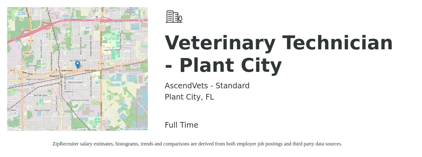 AscendVets - Standard job posting for a Veterinary Technician - Plant City in Plant City, FL with a salary of $18 to $22 Hourly with a map of Plant City location.