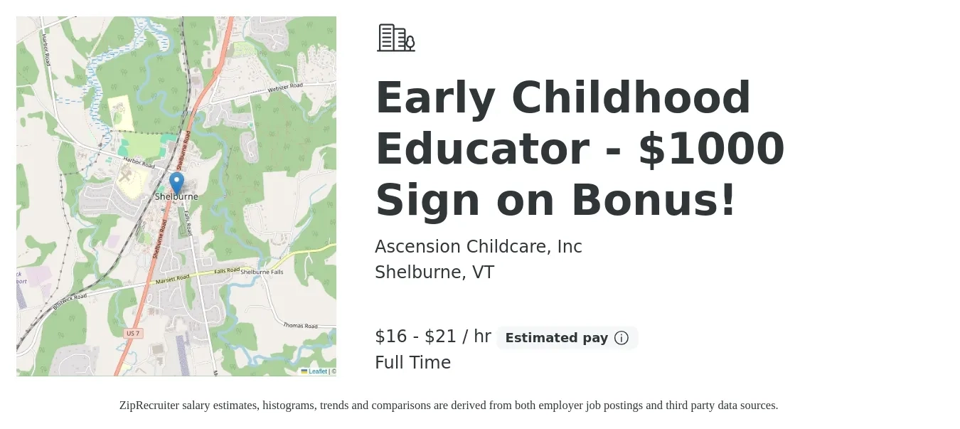 Ascension Childcare, Inc job posting for a Early Childhood Educator - $1000 Sign on Bonus! in Shelburne, VT with a salary of $18 to $22 Hourly with a map of Shelburne location.