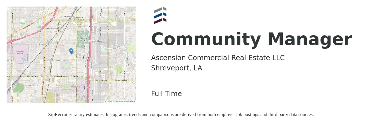 Ascension Commercial Real Estate LLC job posting for a Community Manager in Shreveport, LA with a salary of $38,100 to $54,300 Yearly with a map of Shreveport location.