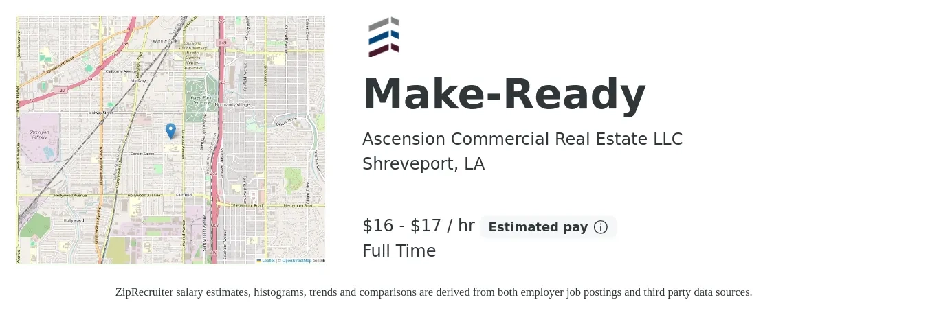 Ascension Commercial Real Estate LLC job posting for a Make-Ready in Shreveport, LA with a salary of $17 to $18 Hourly with a map of Shreveport location.