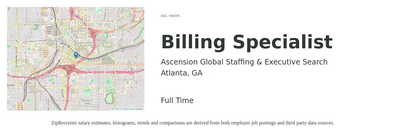 Ascension Global Staffing & Executive Search job posting for a Billing Specialist in Atlanta, GA with a salary of $18 to $25 Hourly with a map of Atlanta location.