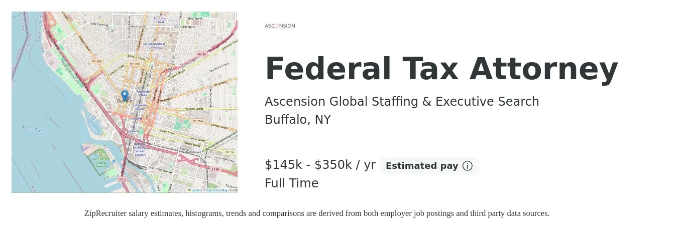 Ascension Global Staffing & Executive Search job posting for a Federal Tax Attorney in Buffalo, NY with a salary of $145,000 to $350,000 Yearly with a map of Buffalo location.