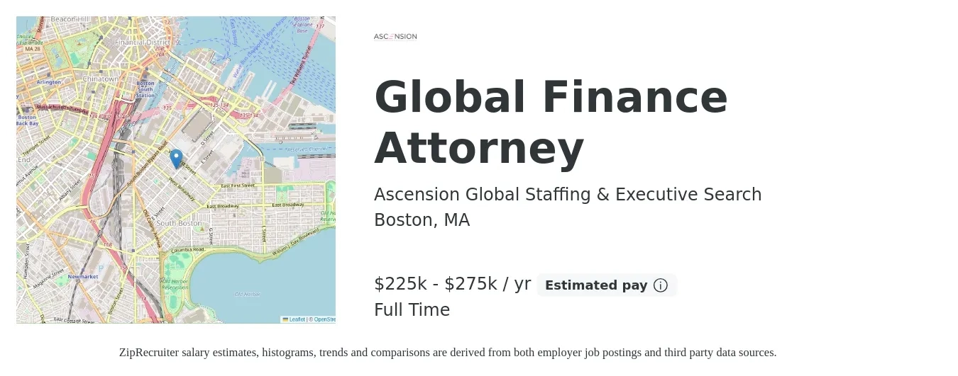 Ascension Global Staffing & Executive Search job posting for a Global Finance Attorney in Boston, MA with a salary of $225,000 to $275,000 Yearly with a map of Boston location.