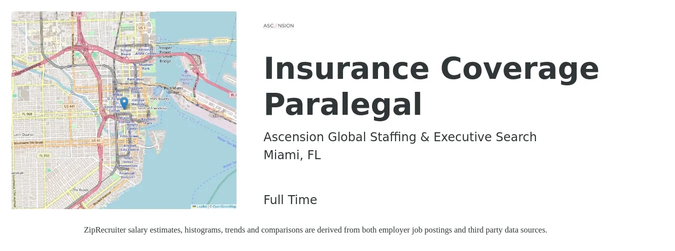 Ascension Global Staffing & Executive Search job posting for a Insurance Coverage Paralegal in Miami, FL with a salary of $45,900 to $65,500 Yearly with a map of Miami location.