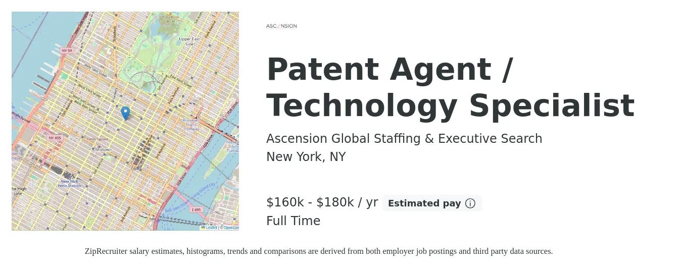 Ascension Global Staffing & Executive Search job posting for a Patent Agent / Technology Specialist in New York, NY with a salary of $160,000 to $180,000 Yearly with a map of New York location.
