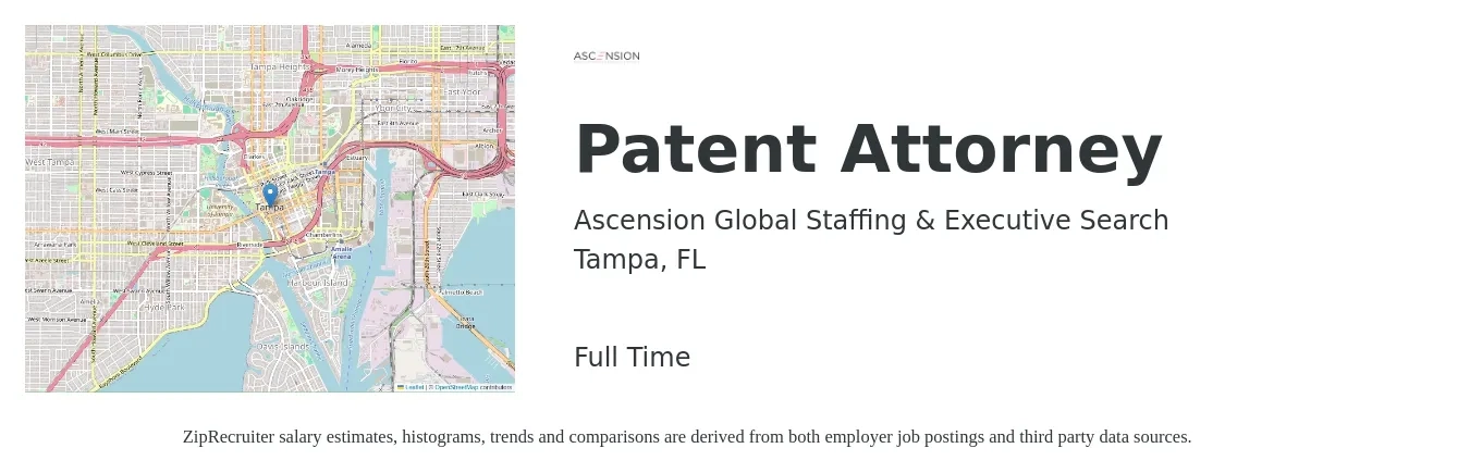 Ascension Global Staffing & Executive Search job posting for a Patent Attorney in Tampa, FL with a salary of $105,800 to $165,400 Yearly with a map of Tampa location.