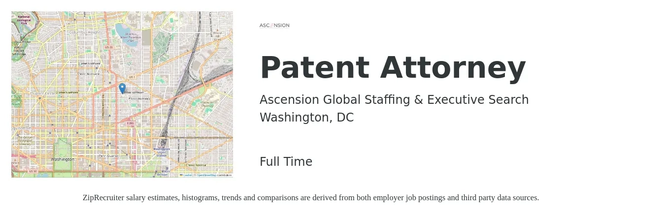 Ascension Global Staffing & Executive Search job posting for a Patent Attorney in Washington, DC with a salary of $126,800 to $198,200 Yearly with a map of Washington location.