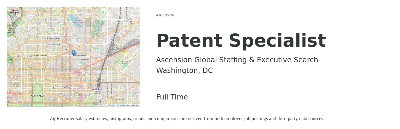 Ascension Global Staffing & Executive Search job posting for a Patent Specialist in Washington, DC with a salary of $74,200 to $109,900 Yearly with a map of Washington location.
