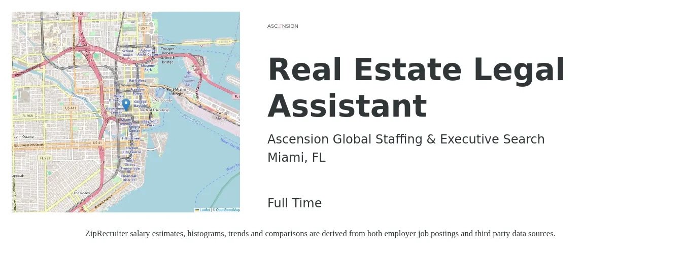 Ascension Global Staffing & Executive Search job posting for a Real Estate Legal Assistant in Miami, FL with a salary of $51,200 to $74,100 Yearly with a map of Miami location.