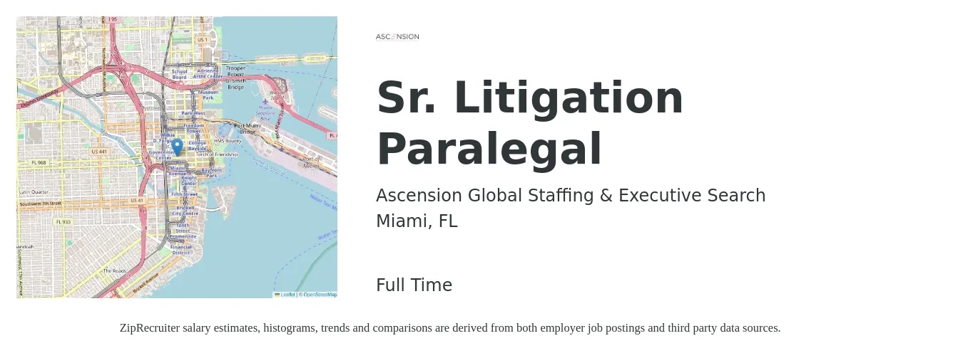 Ascension Global Staffing & Executive Search job posting for a Sr. Litigation Paralegal in Miami, FL with a salary of $54,000 to $74,600 Yearly with a map of Miami location.