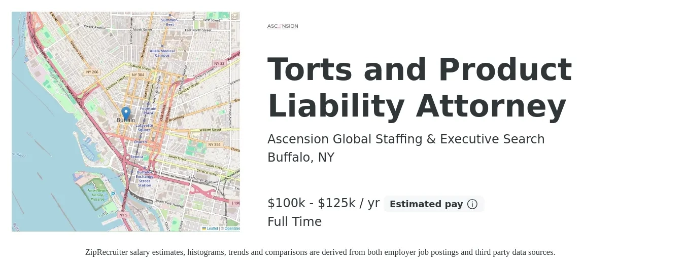 Ascension Global Staffing & Executive Search job posting for a Torts and Product Liability Attorney in Buffalo, NY with a salary of $100,000 to $125,000 Yearly with a map of Buffalo location.