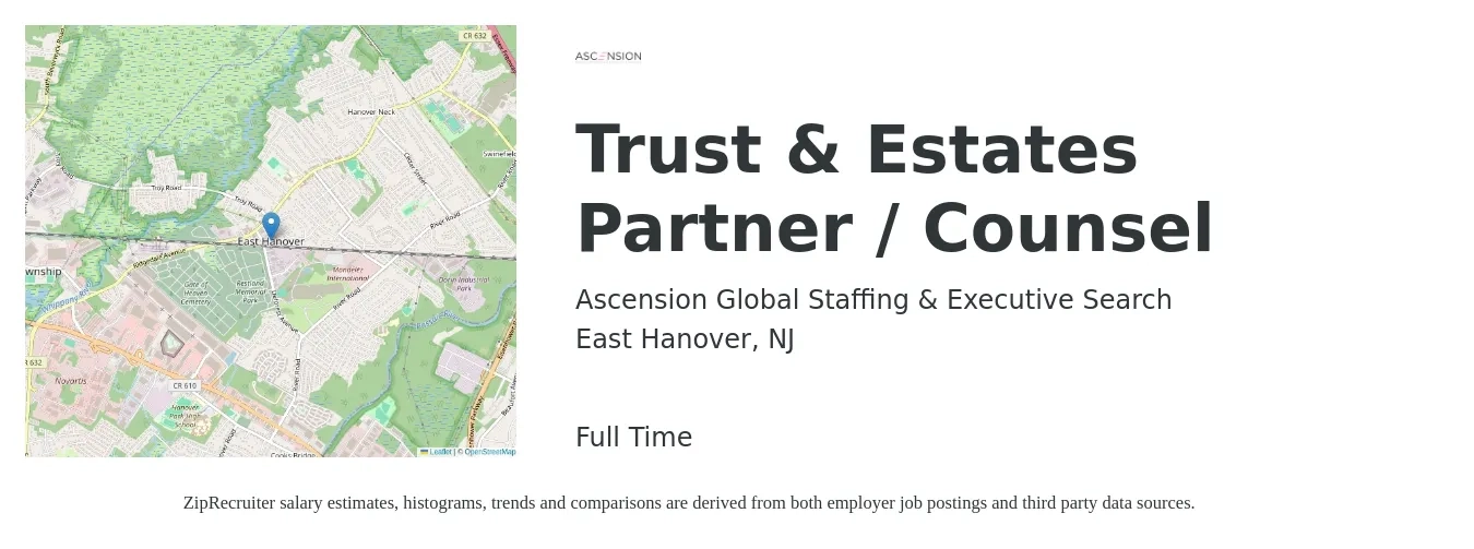 Ascension Global Staffing & Executive Search job posting for a Trust & Estates Partner / Counsel in East Hanover, NJ with a map of East Hanover location.