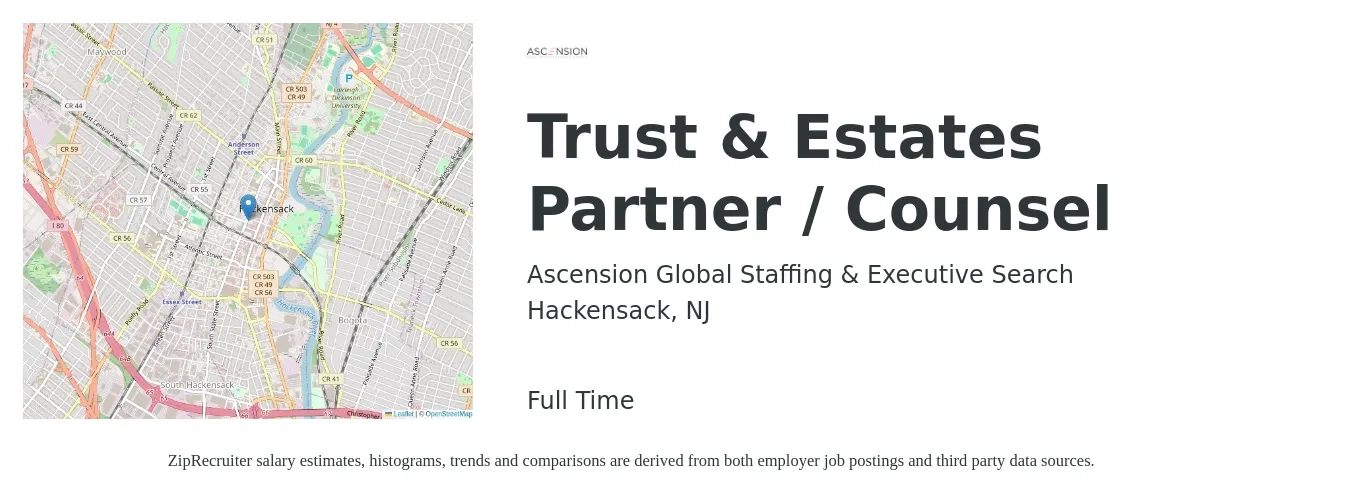 Ascension Global Staffing & Executive Search job posting for a Trust & Estates Partner / Counsel in Hackensack, NJ with a map of Hackensack location.