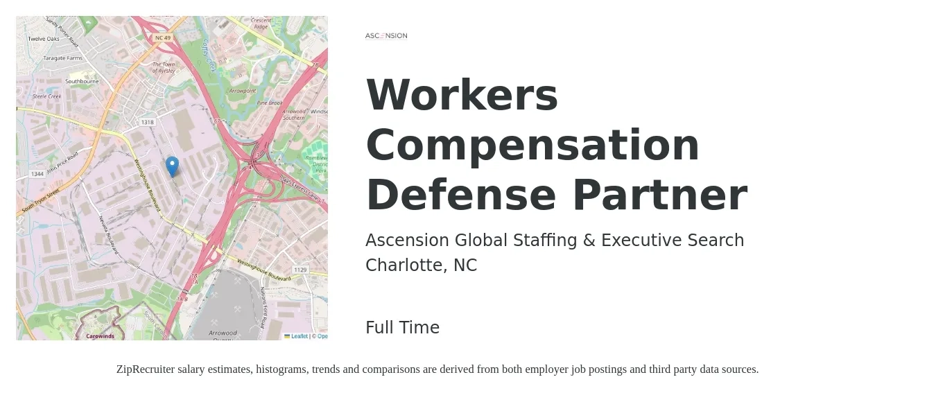 Ascension Global Staffing & Executive Search job posting for a Workers Compensation Defense Partner in Charlotte, NC with a salary of $97,700 to $159,700 Yearly with a map of Charlotte location.